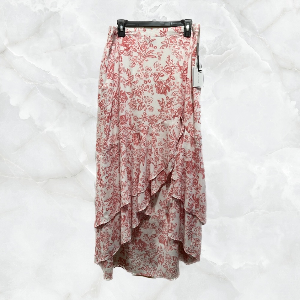 White Asymmetrical Flowy Skirt with Red Flower Patterns and Side Zipper NWT